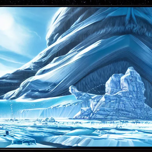 Prompt: epic masterpiece Antarctica superhuman origin mythos inscribed on ice, cinematic, establishing shot, extremely high detail, photorealistic, cinematic lighting, intricate line drawings, 8k resolution