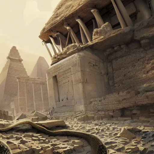 Image similar to Ancient Egyptian ruins surrounded by a giant snake skeleton, hyperdetailed, artstation, cgsociety, 8k