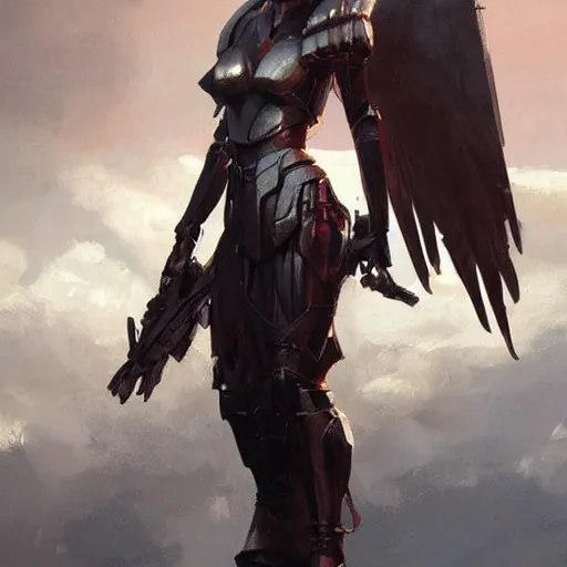 Image similar to angel in plastic armor, high fashion, pretty face, full body shot, well built, art by greg rutkowski