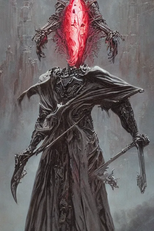 Prompt: Distorted god knight with face of Nicolas Cage in dark robe with a giant reaper scythe, dark fantasy, intricate, highly detailed, smooth, artstation, painted by Wayne Barlowe, zdislav beksinski, Francis Bacon