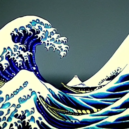 Prompt: a photo of a circular marble statue of The Great Wave off Kanagawa, in a museum, 3D, sculpture