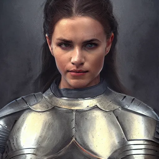 Image similar to a movie still frame, a beautiful female knight in armor, medium portrait, oil on linen, high quality, hi resolution, trending on artstation, movie concept art,