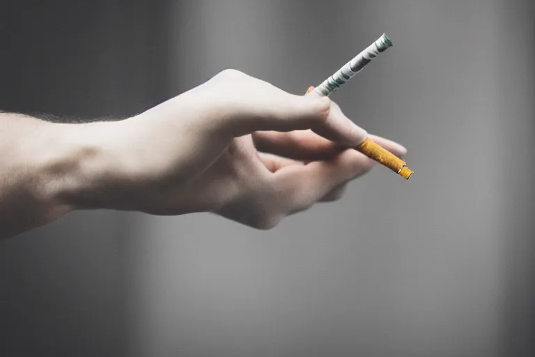 Prompt: Close-up of cigarette in five fingers, thin soft hand holding cigarette, hyper realistic, photographic style