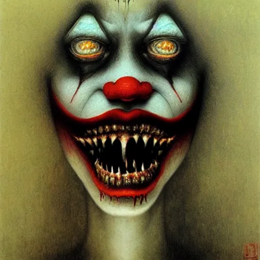 Image similar to evil beautiful female clown by Beksinski