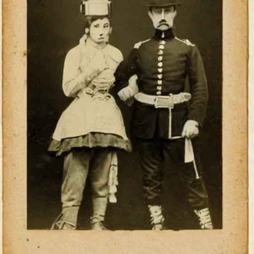 Image similar to vintage photo of a union soldier and his anime catgirl wife