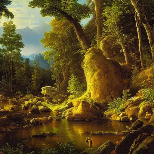 Image similar to a forest oasis, rock pools, harmony of nature, infinite dawn, angelic light, sparkling dew, by asher brown durand, by ivan shishkin,