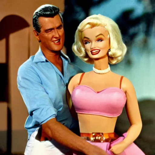 Prompt: Marilyn Monroe as Barbie and Rock Hudson as Ken in the Barbie movie from 1963 set in the big house on Malibu