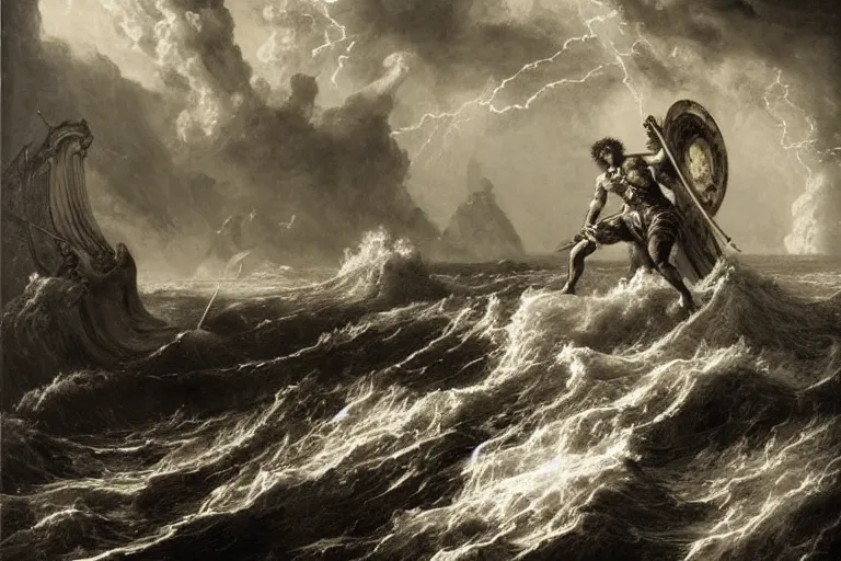 Image similar to highly detailed and cinematic romantic, edge of the universe, the great roman demigod with a gladius, symmetrical face, magical, roman myth, masterpiece, crashing waves, lightning, highly detailed painting by gustave dore