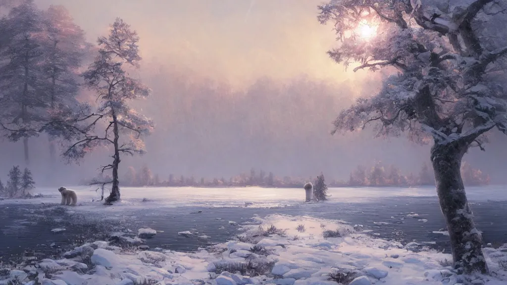 Prompt: the most beautiful panoramic landscape, oil painting, where a giant dreamy lake is frozen, the trees around have snow over their leafs, a majestic polar bear is exhaling steam and the ray lights of the sunrise are brightening him, by greg rutkowski