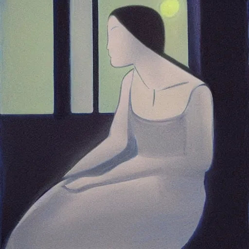Image similar to A kinetic sculpture of a beautiful young woman seated at a window, looking out at the viewer with a serene expression on her face. The light from the window illuminates her features & creates a warm, inviting atmosphere. The essence of beauty and tranquility. dark blue by George Ault delicate, ghostly