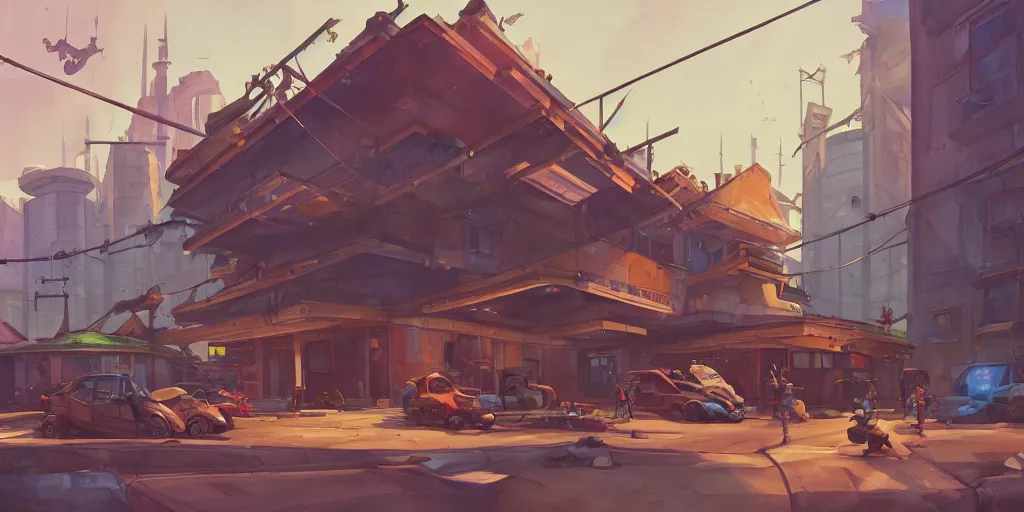 Prompt: overwatch building, stylized, exterior, architecture, in watercolor gouache detailed paintings, insanely detail, artstation, 8 k, futuristic, big medium small, arcane, simon stalenhag, food stall, interesting shapes & form, golden ratio, megastructures, vitaly bulgarov, slums, junkyard