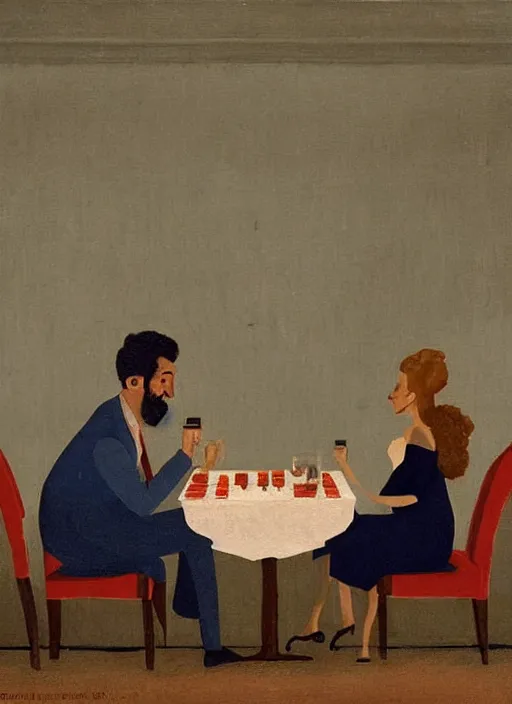 Image similar to A couple having a lonely dinner on a Saturday night painted by Marius Van Dokum, cinematography of Wes Anderson