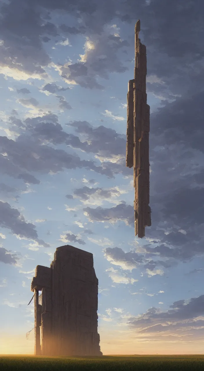 Prompt: wide shot of a tall and thin monolithic structure hovering in the air 6 feet above a cornfield, late afternoon, golden hour, dramatic lighting, cinematic, highly detailed, smooth, sharp focus, concept art by greg rutkowski and stanley lau and syd mead