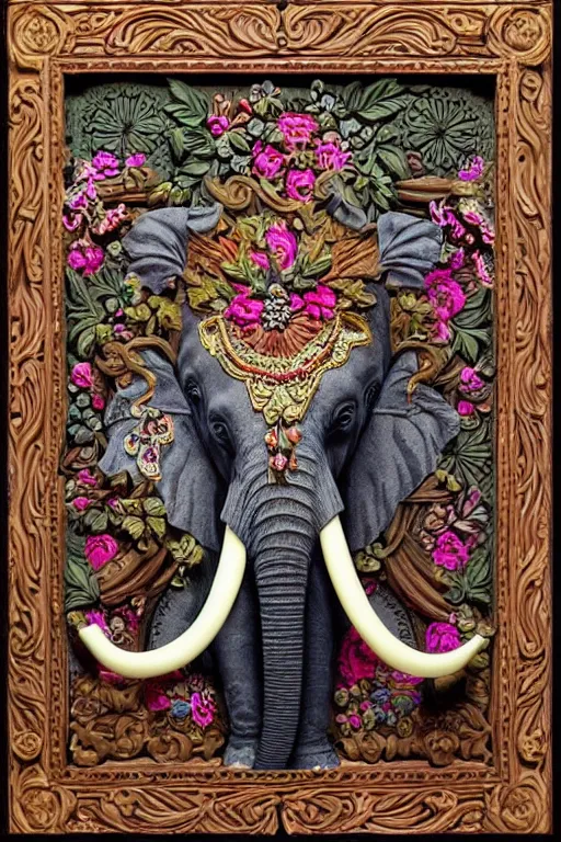 Image similar to Painted dark-wood panel relief carving of a Flowerpunk Matriarch Elephant, ornate border frame, explosion of colorful flowers, dark wood, intricately carved, black ink, festival of rich colors, intricate details, cinematic lighting, volumetric lighting, post-processing, by andreas rocha and john howe, and Martin Johnson Heade, featured on artstation, featured on behance, golden ratio, hyper detailed, photorealistic, epic composition, center spotlight, f32, well composed, UE5, 8k