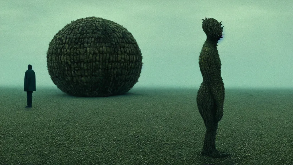 Image similar to the creature that knows where I live, made of oil, film still from the movie directed by Denis Villeneuve with art direction by Salvador Dalí, wide lens