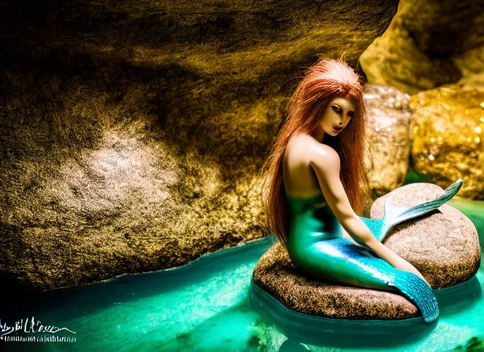 Image similar to mermaid sitting on a rock in an underground river. fantasy magic style. highly detailed 8 k. intricate. lifelike. soft light. sony a 7 r iv 5 5 mm. cinematic post - processing