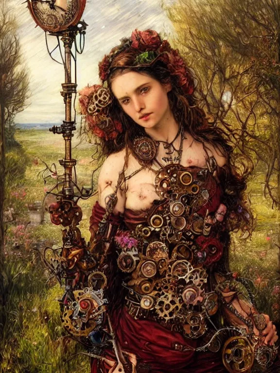 Image similar to a steampunk rose sword piercing a human heart who embellished gears wheels and gemstones,in the rain,by William Holman Hunt,Greg Rutkowski,Stanely Artgerm,peter gric,aaron horkey,trending on pinterest,luxury,mythological,ultra realistic,high detail,concept art,golden ratio,cinematic lighting,maximalist