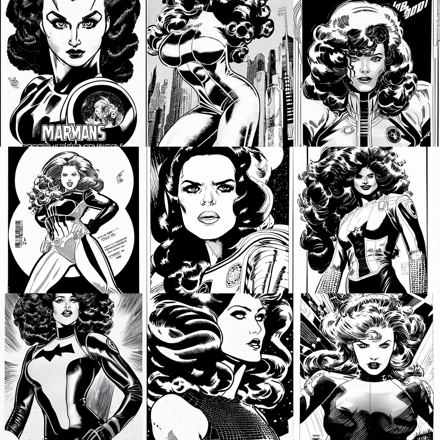 Prompt: portrait of a woman space pilot, big hair, marvel comics, retro, smooth, black and white, comic inks, crosshatching, by nick bradshaw, and arthur adams