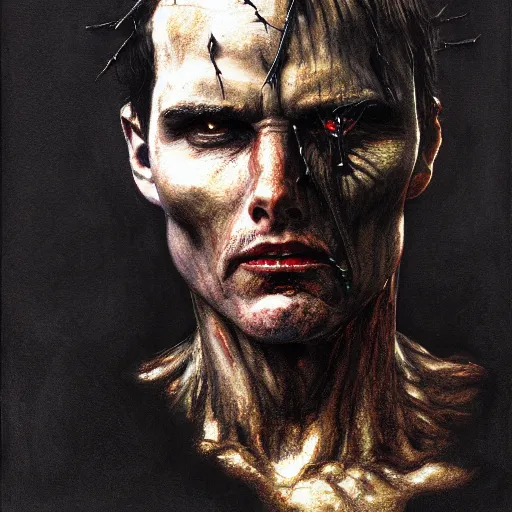 Prompt: portrait of demonic Tom Cruise in hood and crown of thorns, dark fantasy, Warhammer, artstation painted by Zdislav Beksinski and Wayne Barlowe