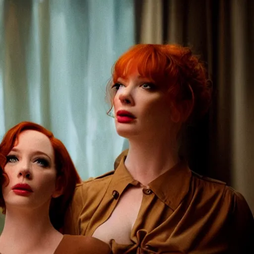 Image similar to a very surprised beautiful Christina Hendricks and her twin sister in the living room, film still from the movie directed by Denis Villeneuve with art direction by Salvador Dalí, wide lens