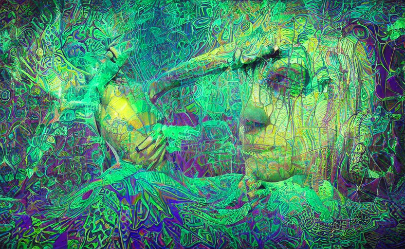Prompt: ancient Shipibo female spirit, glowing third eye, massive wings sacred geometry woven rainforest, psychedelic ripples of condensation, by Igor Morski, by josip csoor, by Zdzislaw Beksinski, rendered in lumion, 8k resolution, psychedelic lighting, muted color scheme, trending on artstation, realistic shadows, 3d, -20