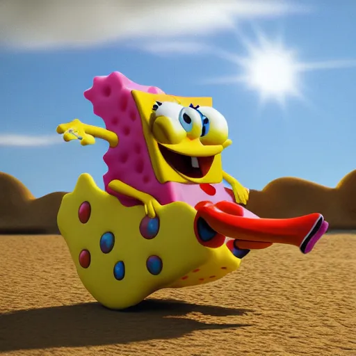 Prompt: spongebob squarepants riding a dinosaur, 3 d render, high quality, realistic, photorealistic