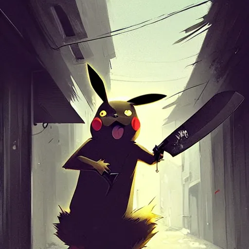 Image similar to pikachu wielding a machete and mugging people in a back alley, art by greg rutkowski, intricate, elegant, highly detailed, smooth, sharp focus, artstation