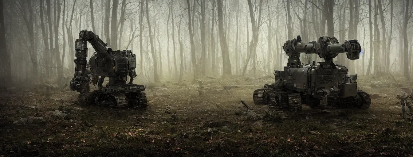 Image similar to detail view on heavy army robot hunting remaining human in dark foggy old forest in the night, postapo, dystopia style, heavy rain, reflections, high detail, horror dramatic moment, motion blur, dense ground fog, dark atmosphere, saturated colors, by darek zabrocki, render in unreal engine - h 7 0 4