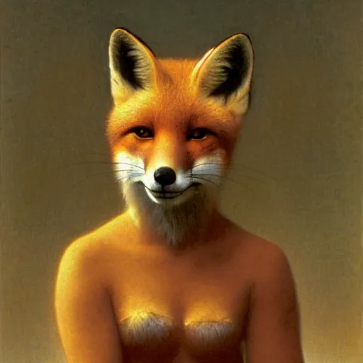 Image similar to An anthropomorphic fox wearing a dress, beautiful golden sunlight, backlit fur, by Robert Cleminson and William-Adolphe Bouguereau