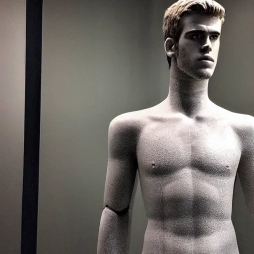 Image similar to “ a realistic detailed photo of a guy who is an attractive humanoid who is half robot and half humanoid, who is a male android, actor liam hemsworth, shiny skin, posing like a statue, blank stare, at the museum, on display ”