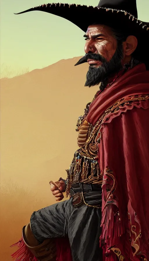 Image similar to ferocious bandido leader full body portrait, forajido cowboy, stern look, late xix century red and carmesi gaucho style, ornate poncho, steppe background, highly detailed, digital painting, character design, artstation, concept art, art by Artgerm, Greg Rutkowski, Craig Mullins, Stanley Artgerm Lau, WLOP, Ross tran, James Jean, red dead redemption, magic the gathering, digital art - W 640