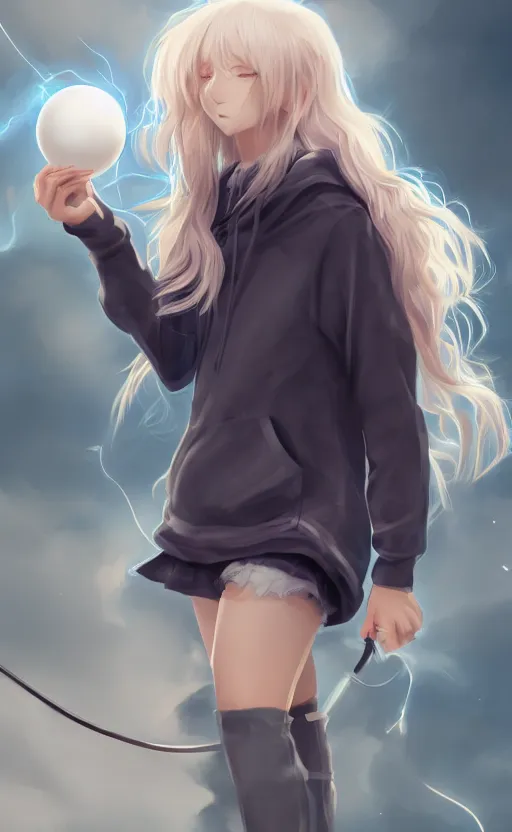 Image similar to anime girl with wavy white hair in a hoodie holding an electric ball, WLOP, concept art, digital painting, trending on artstation, highly detailed, epic composition, 8k UHD