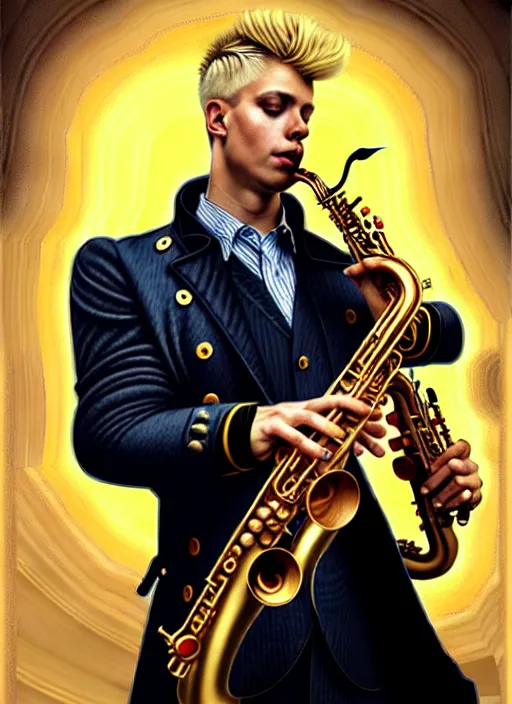 Prompt: portrait of a blond man playing sax, warhammer 40000, cyberpunk, intricate, elegant, highly detailed, digital painting, artstation, concept art, smooth, sharp focus, illustration, art by artgerm and greg rutkowski and alphonse mucha and Gustav Klimt and Kojima_Amano and Karol_Bak