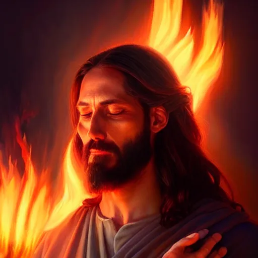 Prompt: portrait painting of a jesus setting fire on earth, ultra realistic, concept art, intricate details, highly detailed, photorealistic, octane render, 8 k, unreal engine. art by artgerm and greg rutkowski