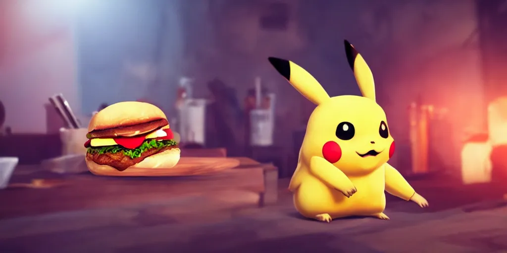 Prompt: a realistic Pikachu eating a hamburger, digital art, highly detailed, hyperrealistic, photorealistic, unreal engine 5, dynamic lighting, trending on artstation, 4k uhd, epic composition