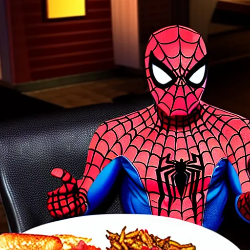 Prompt: spiderman eating greasy food from arby's