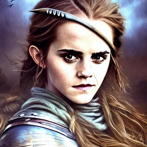 Image similar to Official photo of Emma Watson as a majestic fierce viking woman, leader, fear, scarred, highly detailed, viking attire, cinematic, 8k, 1080s, by Stanley Artgermm, Tom Bagshaw, Greg Rutkowski, Vincent di Fate, Carne Griffiths, Ayami Kojima, trending on DeviantArt, hyper detailed, full of color, digital art,