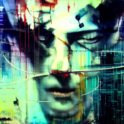 Image similar to cyberpunk lost in a glitchcore world of wires, and machines, by jeremy mann, francis bacon and agnes cecile, and dave mckean ink drips, paint smears, digital glitches glitchart