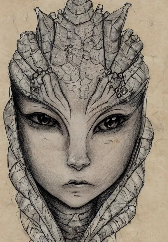 Prompt: fantasy, symmetrical beautiful human face, female humanoid creature, vascularity, plant armour, large intricate shell head piece covering forehead, button nose, full lips, muscular, large cute anime eyes, stylised, torso and head, bust, diagram, sketchbook, greys anatomy book, sketches, on old distressed parchment paper, watercolour, by brian froud