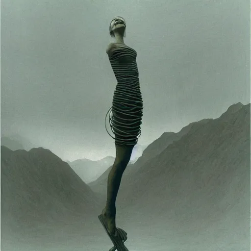 Image similar to photo of a woman wrapped around by tubes and cables, mountains in the background, by Zdzislaw Beksinski