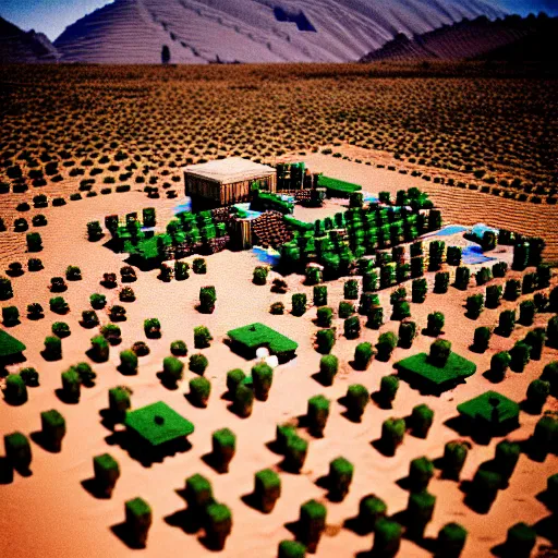 Image similar to a minecraft village in a desert biome. 3 5 mm studio photograph by artem demura.