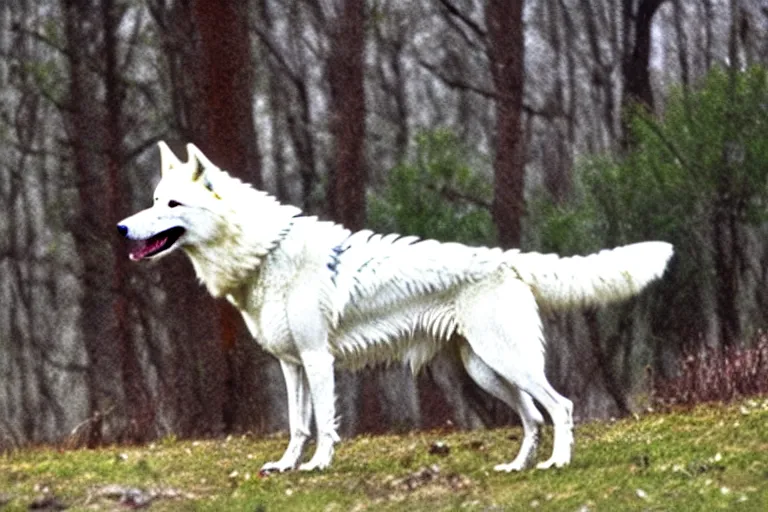 Prompt: a white feathered wolf with a bladed horn and tail