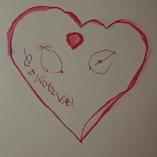 Image similar to child drawing of the interpretation of love, on crumpled paper, well lit