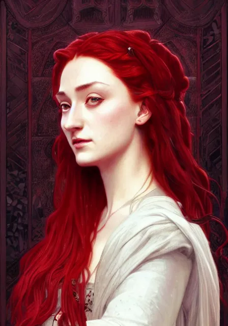 Prompt: portrait of sansa stark dark crimson poison sharp, intricate, elegant, highly detailed, digital painting, artstation, concept art, smooth, sharp focus, illustration, art by artgerm and greg rutkowski and alphonse mucha and william - adolphe bouguereau