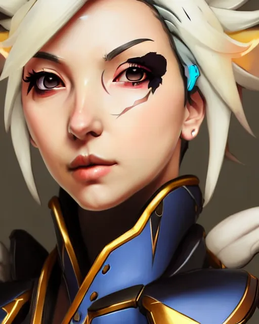 Image similar to mercy from overwatch, character portrait, portrait, close up, concept art, intricate details, highly detailed, in the style of realism