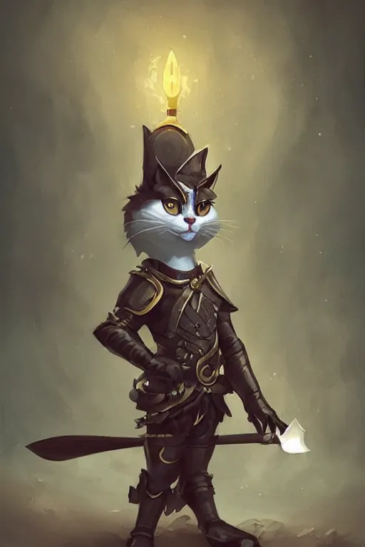 Prompt: cute anthropomorphic tuxedo cat knight wearing a cape and holding a bow, dark armor, cute and adorable, pretty, beautiful, DnD character art portrait, matte fantasy painting, DeviantArt Artstation, by Jason Felix by Steve Argyle by Tyler Jacobson by Peter Mohrbacher, cinematic lighting