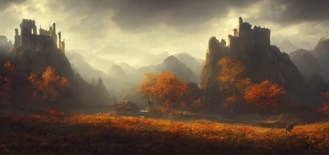 Prompt: beautiful render of a autumn landscape, unreal engine, dark fantasy style, first light, majestic mountains, swamps, morning mist, dramatic clouds, big castle ruin, cinematic lighting, by greg rutkowski, cgsociety