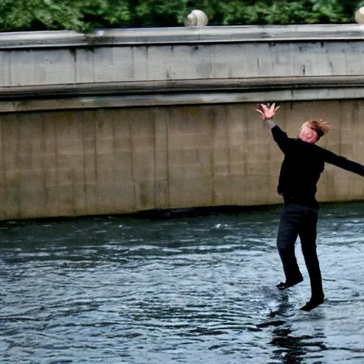 Prompt: thom yorke throwing his computer into the river thames, movie still, highly detailed