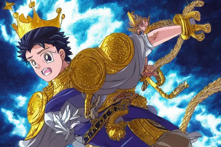 Prompt: an ultra detailed portrait of king richard the lionhearted as a shonen anime protagonist attacking riding a horse in gold armor, 8 k, volumetric lighting, in the style of disney, art by kentaro miura and akira toriyama