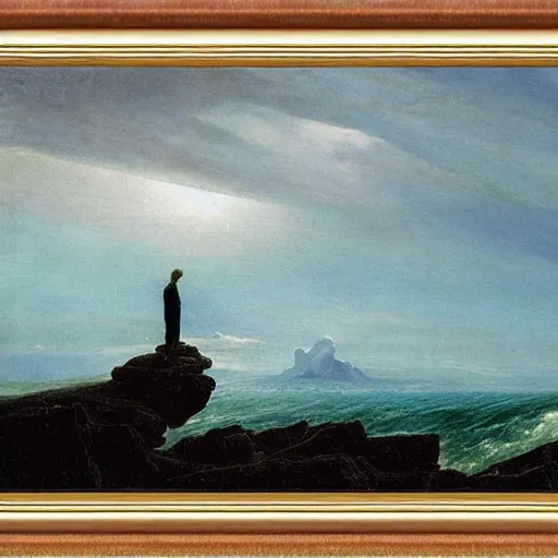 Prompt: Wanderer above the Sea by Caspar David Friedrich in style of Carlos Barbarena